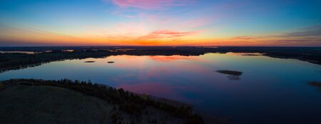 Aerial photo of National Park Braslau Lakes; Belarus after sunsetの写真素材