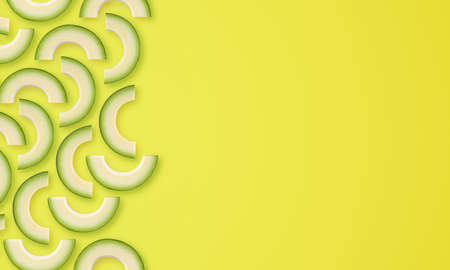Flat lay composition of avocado slices on yellow background with copy space