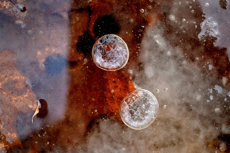 frozen in ice, air bubbles in the late autumnの写真素材