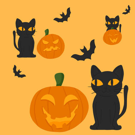 yellow eyed cat is sitting near halloween scary smiling orange pumpkin and bats that flying arround on yellow backgroundのイラスト素材