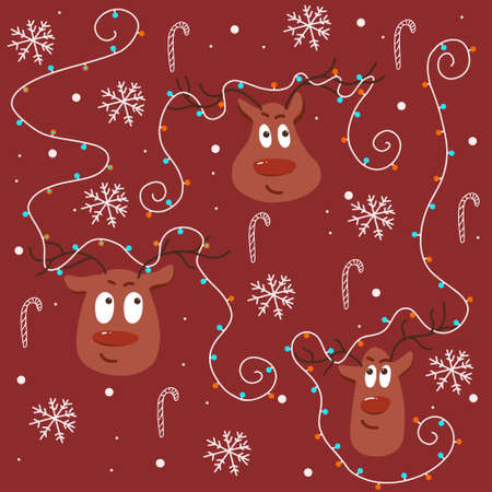 Vector image Merry Christmas with New Year snow flakes, garland and funny, happy, cute deers on red background in winterのイラスト素材