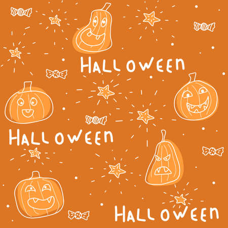 Halloween vector image of scary, funny, cute and smily pumpkins with sweets and stars on juice orange backgroundのイラスト素材