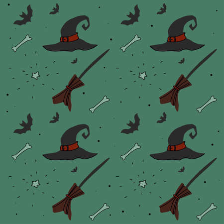 Halloween vector image of witch black hats, brooms, bats, stars and white bones on green backgroundのイラスト素材