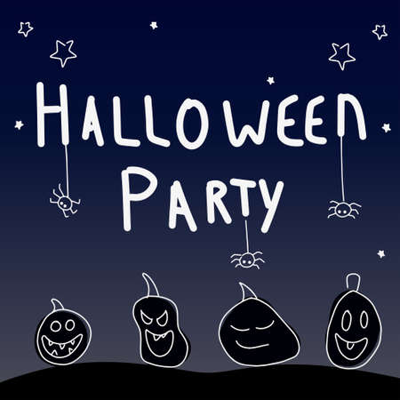Halloween vector image of night sky with stars and spiders on a web on with silhuettes of pumpkins on a dark blue backgroundのイラスト素材