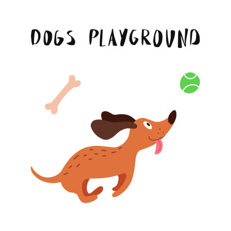 Flat cartoon colorful vector illustration. Funny dog playing with boll at playground, yard or park. Pet Service trendy flat vector web banner, card, sign or table.のイラスト素材