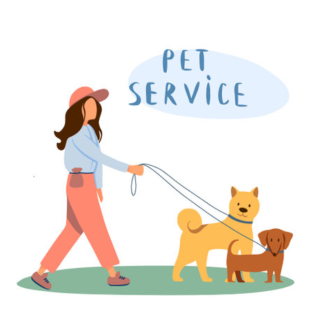 Professional dog handler walks with pet in park. Concept of dog walking service, volunteering, sitter, walker, pet care, dog shelter. Design for poster, banner, flyer, web.のイラスト素材