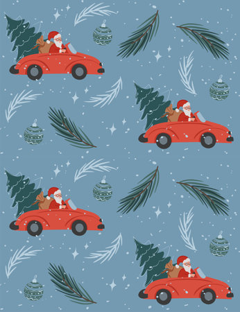 Vector illustration. Seamless pattern Christmas background with santa, red car, gifts and Christmas tree. Merry Christmas design in cartoon style, celebration wallpaper, fabric, textiles.のイラスト素材