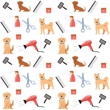 Styling and grooming professional pet care hair salon in cartoon style. Dogs and tools - hairdryer, scissors, hairbrush, shampoo. Design pattern, seamless, background, wallpaper, fabric, paper.のイラスト素材
