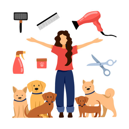 Styling and grooming professional barber in pet hair salon in cartoon style. Woman, dog and tools - hairdryer, scissors, hairbrush. Design for poster, banner, flyer, web, mockup, business, company.のイラスト素材