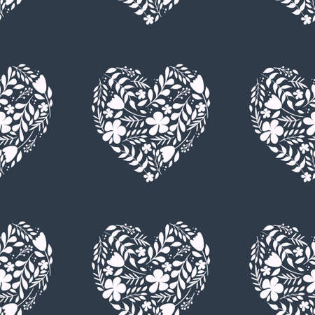Seamless pattern floral heart with flowers, leaves isolated on black background. Design for poster, banner, flyer, web, card, party, invitation, wallpaper, paper, wedding, mother or Valentine's day.のイラスト素材