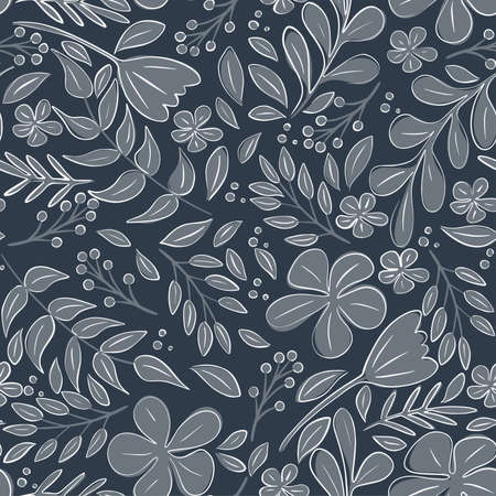 Seamless pattern floral with flowers, leaves isolated on black background. Design for poster, banner, flyer, web, card, party, invitation, wallpaper, paper, wedding, mother or Valentine's day.のイラスト素材