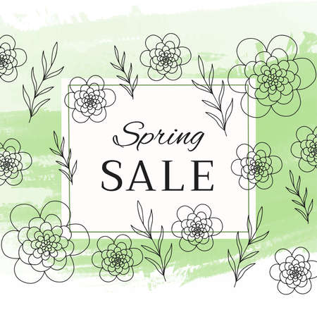 Spring sale banner with peonies flowers and leaves on paint green abstract background. Design for promotions, magazines, advertising, web sites, poster. Vector illustration. Doodle.のイラスト素材