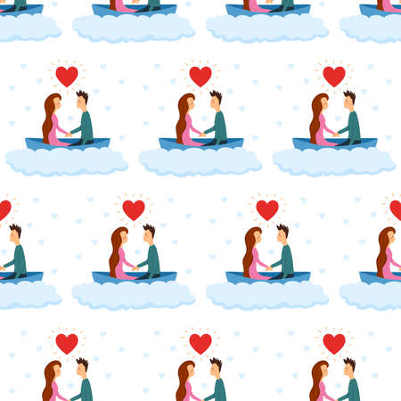 Seamless pattern lover couple holding a hand in boat on cloud with hearts. Design for poster, wrapping paper, fabric, web, card, party, invitation, wallpaper, wedding, Valentine's day.のイラスト素材
