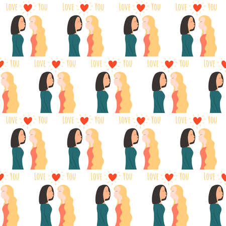 Lesbians with handwritten - Love you. Seamless pattern romantic young women kisses. Design for poster, wrapping paper, fabric, web, card, party, invitation, wallpaper, wedding, Valentine's day.のイラスト素材