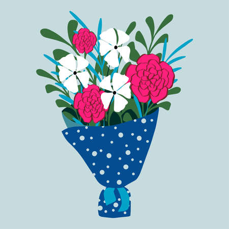 Bouquet of flowers and branches with leaves isolated on background. Design for poster, banner, flyer, web, card, invitation, celebration, wedding, valentine's or mother's day, 8 martch.のイラスト素材