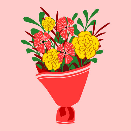 Bouquet of flowers and branches with leaves isolated on pink background. Design for poster, banner, flyer, web, card, invitation, celebration, wedding, valentine's or mother's day, 8 march.のイラスト素材