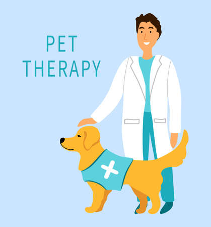 Male doctor with service dog golden retriever for pet therapy, vet clinic. Canis therapy cartoon style isolated on blue background. Friendly dog in t-shirt with white cross. Vector flat illustration.のイラスト素材