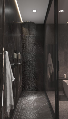Minimalism modern interior design bathroom with glass partition. Contemporary shower cabin, towel rail and shelves. Modern stone effect tiles. 3d rendering. 3d illustration.の写真素材