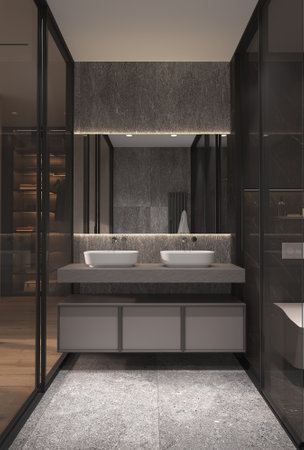 Minimalism modern interior design bathroom with glass partition. Contemporary sink with cabinet and backlit mirror. Modern stone effect tiles. 3d rendering. 3d illustration.の写真素材
