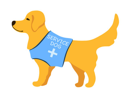 Dog series in cartoon flat style. Golden retriever isolated on white background. Vector illustration. Flat design for pet therapy, vet clinic institutions, poster, banner, flyer, web, company, sign.のイラスト素材