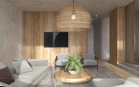 Minimalism modern interior scandinavian design. Bright studio living room. Cozy design large modular...