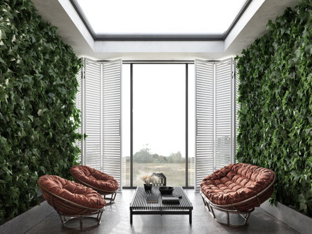 Minimalism modern interior scandinavian design. Bright studio living room and indoor terrace. Large...