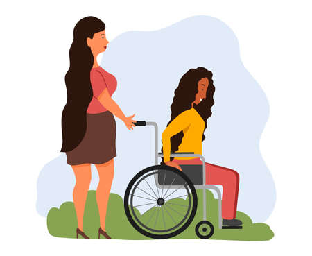 Social worker, volunteer woman helping young afro american in wheelchair with physical disability. Happy friends walk in park. Isolated on white background. Vector illustration flat cartoon style.のイラスト素材