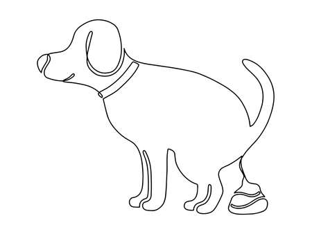 Dog pooping isolated. Warning clean up excrement, feces, shit. Care of environment and save nature park. Street banner, flyer, information sign. Drawn continuous line vector illustration one line art.のイラスト素材