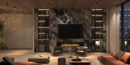 Elegant and luxury interior open living room with night lighting, marble tv wall, bookshelf, stone...