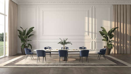 Luxury bright dining room with sun light and nature view background. Large windows, classic panels wall mock up, table with service and plants. Elegant 3d render illustration beige interior design.の写真素材