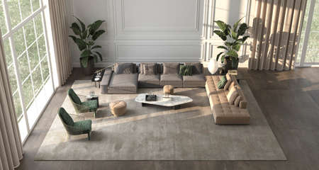 Modern luxury interior background with panoramic windows and nature landscape view, plants, white...