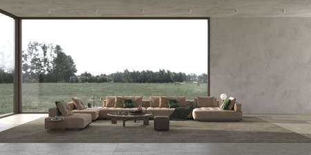 Luxury modern bright living room interior with stone tile floor and stucco wall mock up. Beige design, large windows and beautiful nature forest view background. 3d render illustration.の写真素材