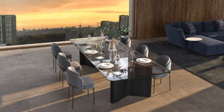 Luxury open living and dining room with setting sun and city panorama background, stone floor. Large windows overlooking the night sky. Elegant 3d rendering illustration bright color interior design.の写真素材