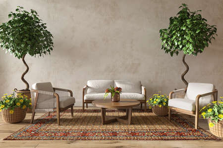 Scandinavian farmhouse style beige living room interior with natural plants. Mock up wall background. 3d render illustration.の写真素材