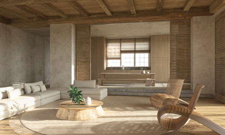 Scandinavian farmhouse style beige living room interior with natural wooden furniture. Mock up wall background. 3d render illustration.の写真素材