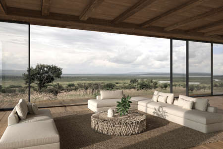 Modern interior design open space living room. Large windows and nature view. House outdoor terrace 3d render illustration.の写真素材