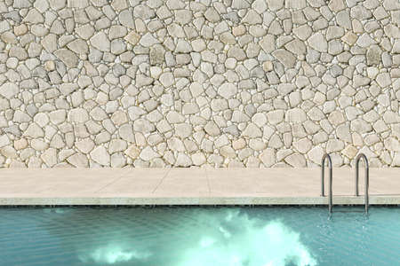 Scandinavian design outdoor terrace with swimming pool. Mock up stone wall background. 3d render...