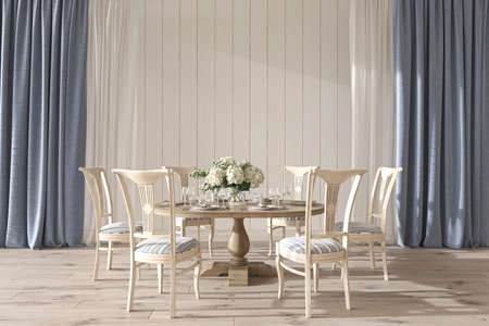 Coastal design wedding room interior with dining table. Mock up white wall in beautiful house background. Hampton style 3d render illustration.の写真素材