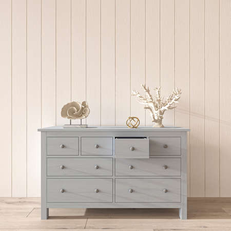 Coastal design room. Mockup wall in cozy home interior background. Hampton style 3d render illustration.の写真素材