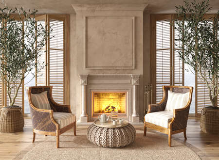 Scandinavian farmhouse style living room interior with fireplace and large windows. Wall mock up. 3d render illustration.の写真素材