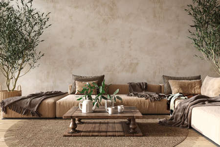 Scandinavian farmhouse style beige living room interior with natural wooden furniture. Mock up plaster wall background. 3d render illustration.の写真素材