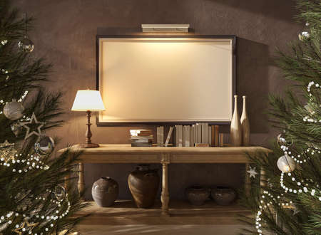 Christmas tree with toys and gifts decorate modern interior scandinavian farmhouse style. Night lighting room. Mockup frame. 3d render illustration.の写真素材
