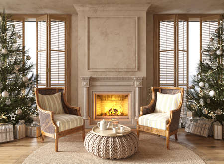 Christmas tree with toys and gifts decorate modern interior scandinavian farmhouse style. 3d render illustration living room with fireplace.の写真素材