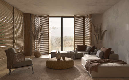 Farmhouse interior scandinavian style brown color. living room design with boho decoration. 3d rendering illustration.の写真素材