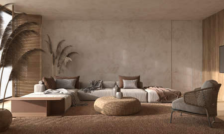 Scandinavian style. Living room design with boho decoration. Mock up wall in brown interior with wooden furniture. 3d rendering illustration.の写真素材