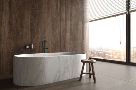 Minimal luxury bathroom with city view. Stone floor, wood tile wall and modern marble bathtub....