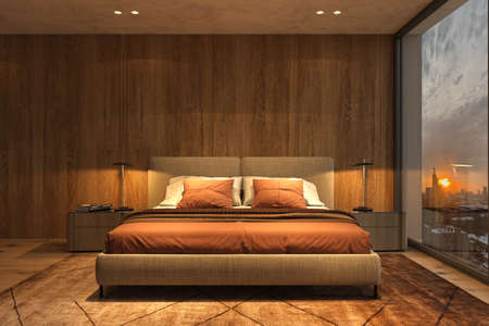 Modern luxury beautiful interior with panoramic windows and winter view. design bedroom with bright night lighting and sunset. 3d render illustration.の写真素材