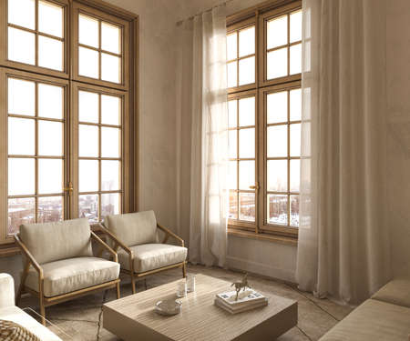Modern interior japandi style design livingroom. Lighting and sunny apartment with large windows and view cityscape. 3d render illustration.の写真素材