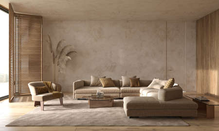 Modern interior japandi style design livingroom. Lighting and sunny scandinavian apartment with plaster and wood. 3d render illustration.の写真素材