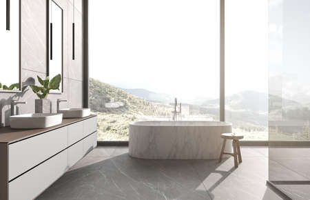 Modern bathroom interior design with nature view background. Sinks, bathtub and shower. Stone tile on wall and floor. 3d render illustration.の写真素材